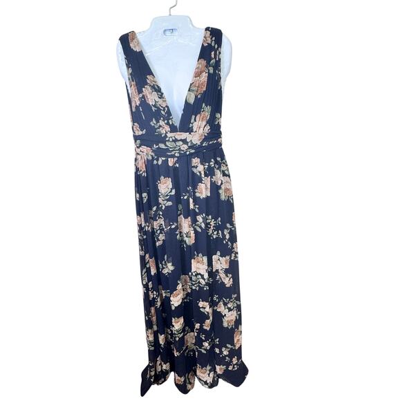 NEW LULUS Heavenly Hues Navy Blue Floral Maxi Dress Deep V-Neck & Back Sz S - Picture 2 of 14
